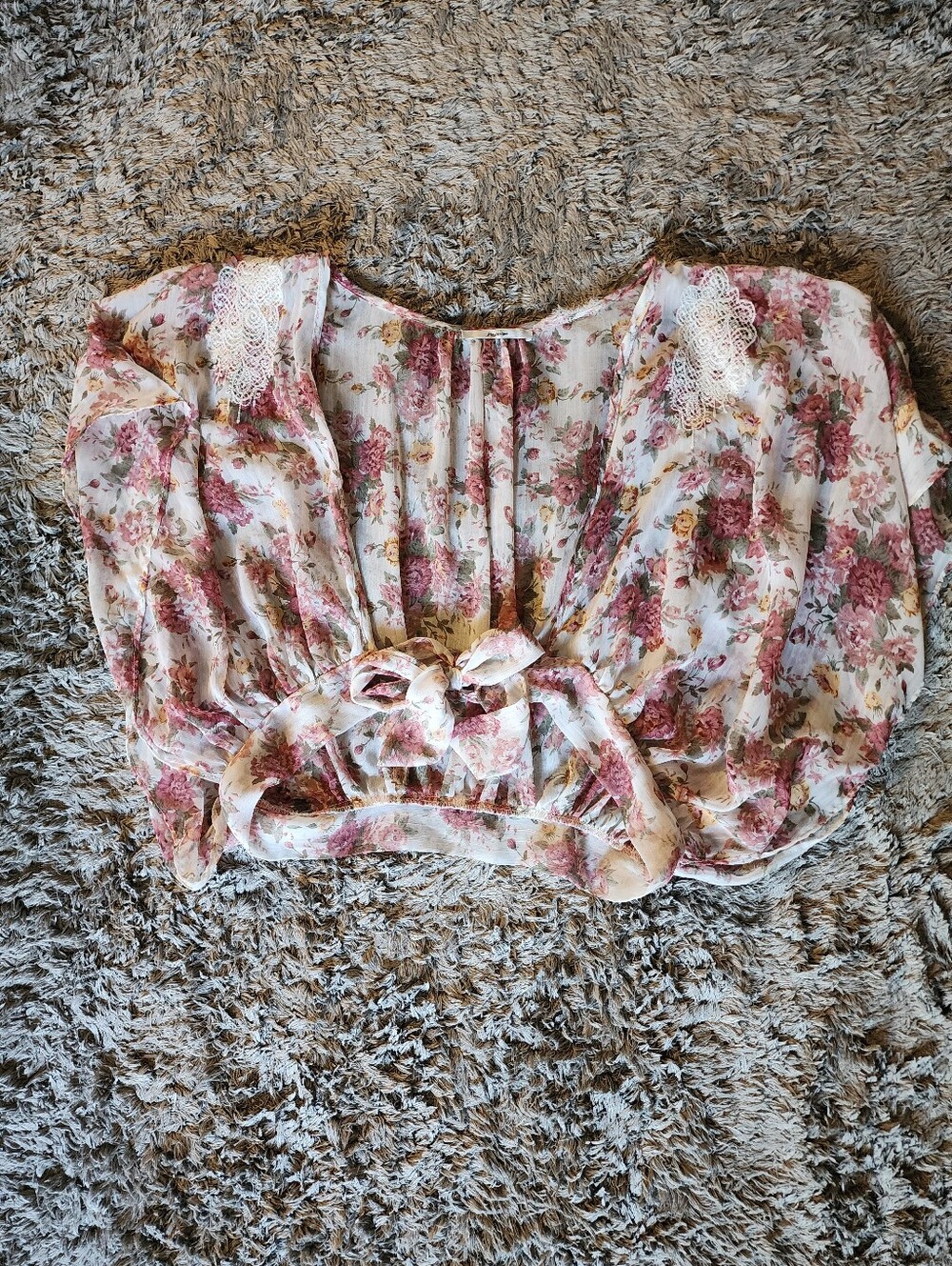 Papaya Cream Floral Tie-Front Crop Blouse